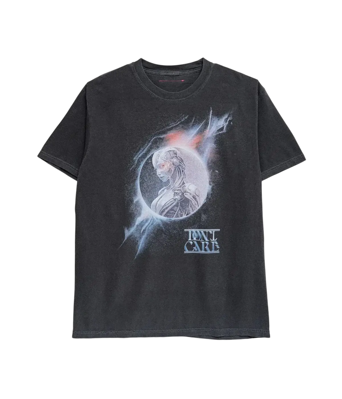 Dark gray cotton don’t care t-shirt featuring a glowing ethereal robot head design on the front