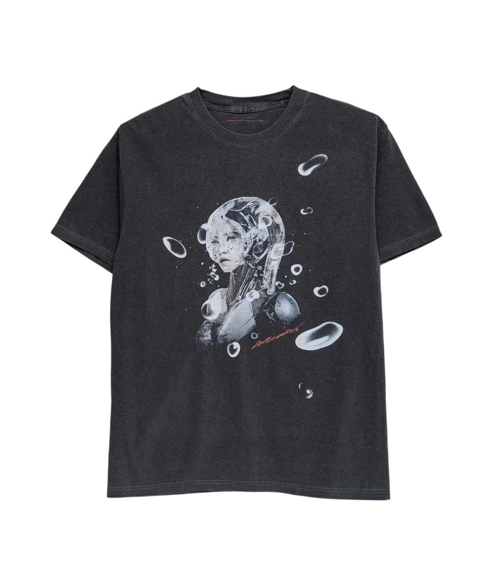 Black short-sleeved cotton t-shirt featuring a detailed white graphic of a futuristic robotic woman surrounded by bubbles