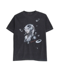 Black short-sleeved cotton t-shirt featuring a detailed white graphic of a futuristic robotic woman surrounded by bubbles