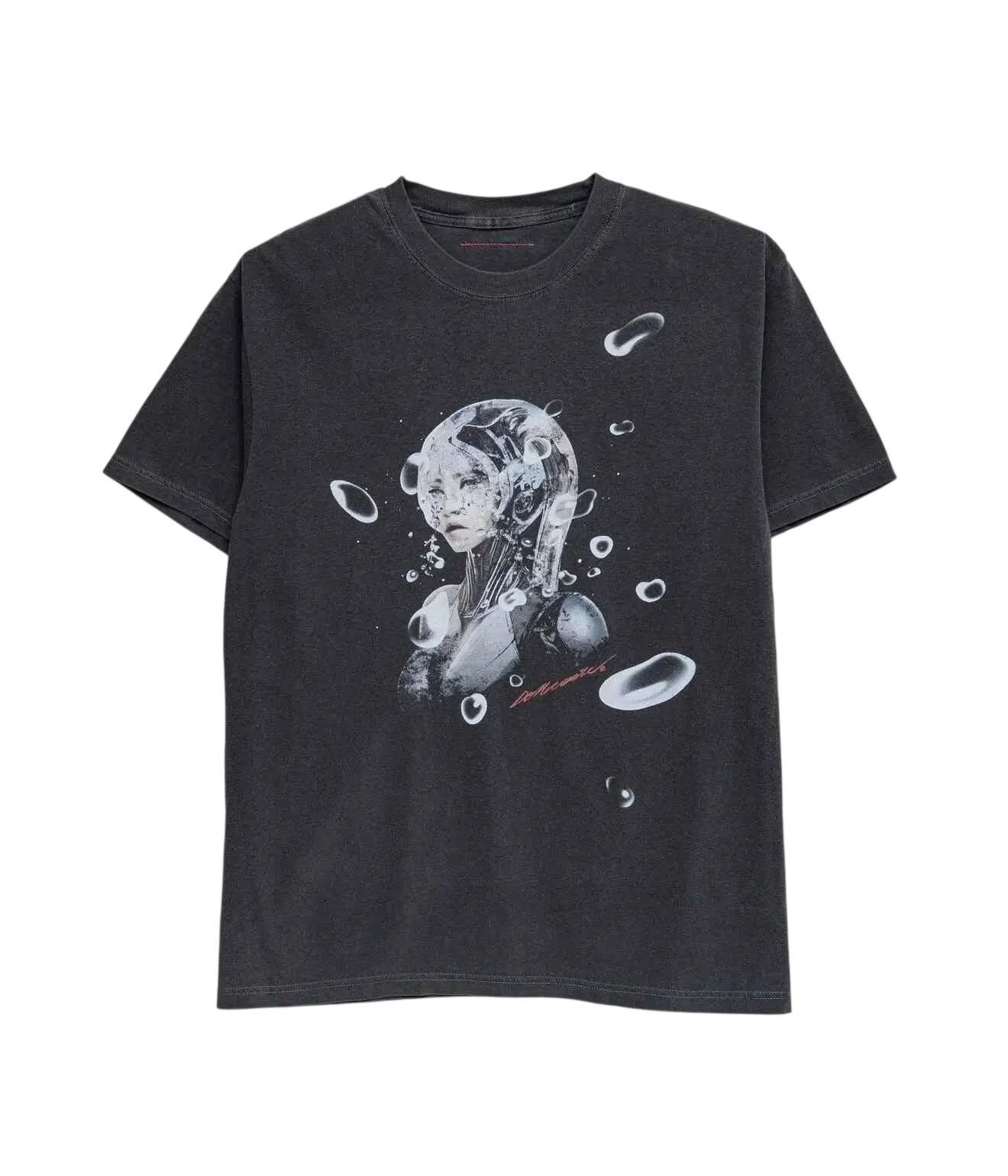 Black short-sleeved cotton t-shirt featuring a detailed white graphic of a futuristic robotic woman surrounded by bubbles