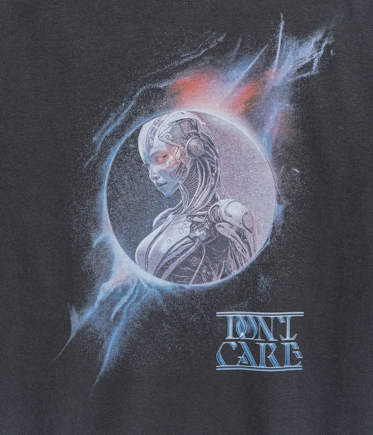 Black don’t care t-shirt featuring a silver and blue futuristic robot woman graphic with glowing energy effects
