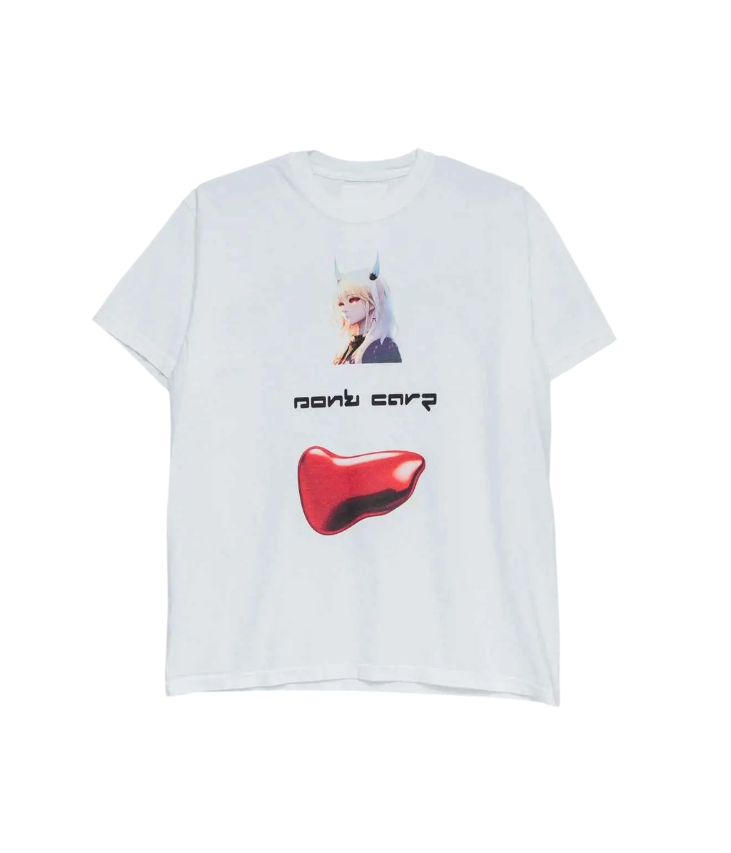 White cotton t-shirt featuring a printed anime character with horns and a glossy red liver graphic titled dont care