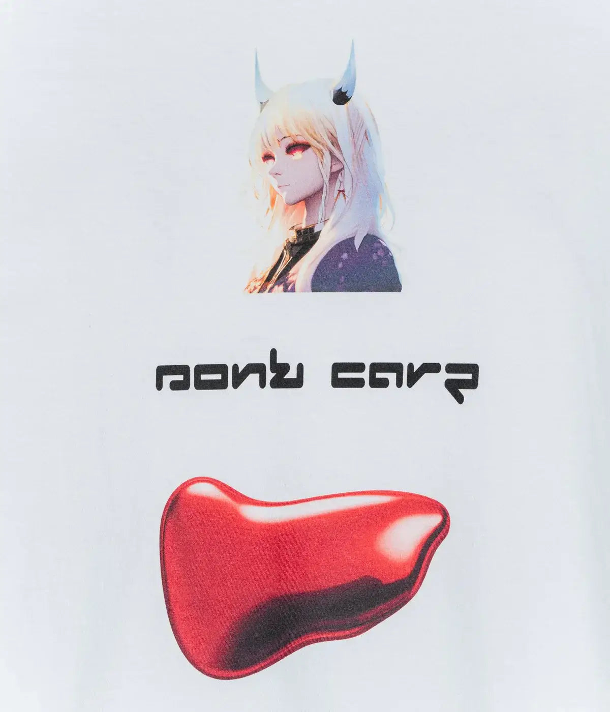White cotton t-shirt featuring a printed anime character with horns red eyes nont car text and a glossy red liver graphic