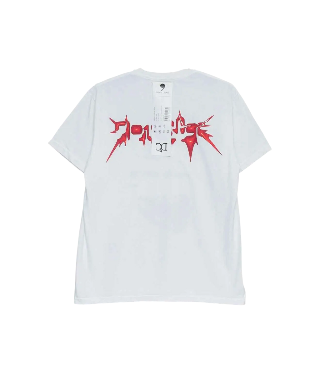White short-sleeved cotton t-shirt with bold red spiked graphic design across the chest titled dont care t-shirt white
