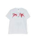 White short-sleeved cotton t-shirt with bold red spiked graphic design across the chest titled dont care t-shirt white