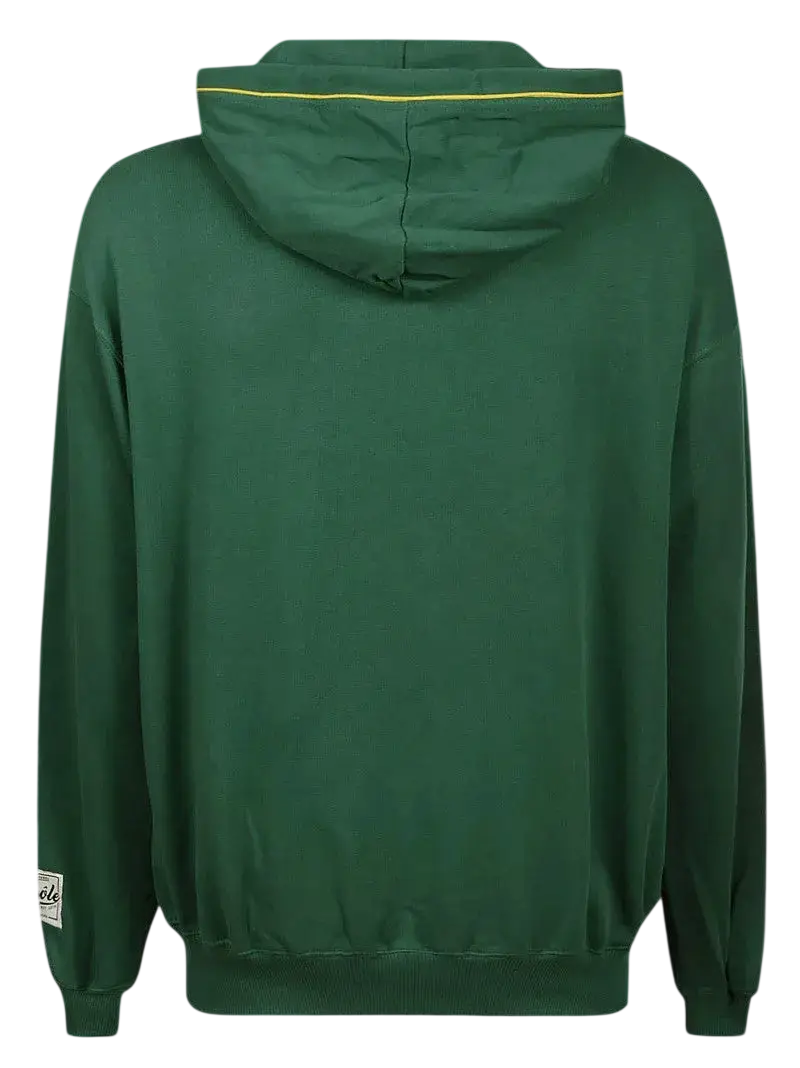 Dark green drole de monsieur drole sport le hoodie with yellow neckline trim and white label on the left sleeve