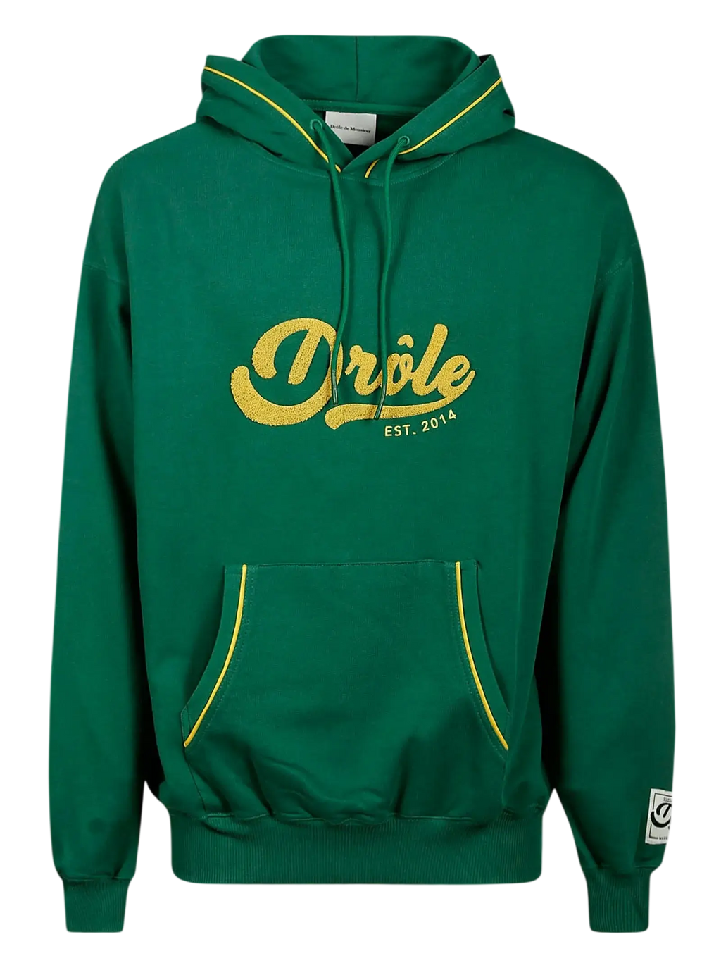 Drole de monsieur Drole sport le hoodie forest green with yellow trim and gold foil drôle est print on front