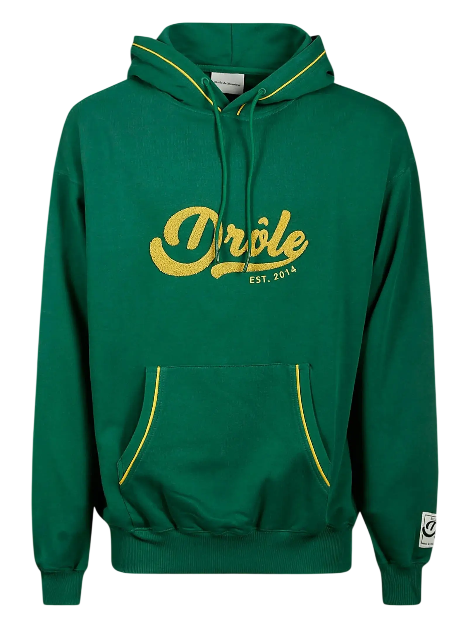 Drole de monsieur Drole sport le hoodie forest green with yellow trim and gold foil drôle est print on front