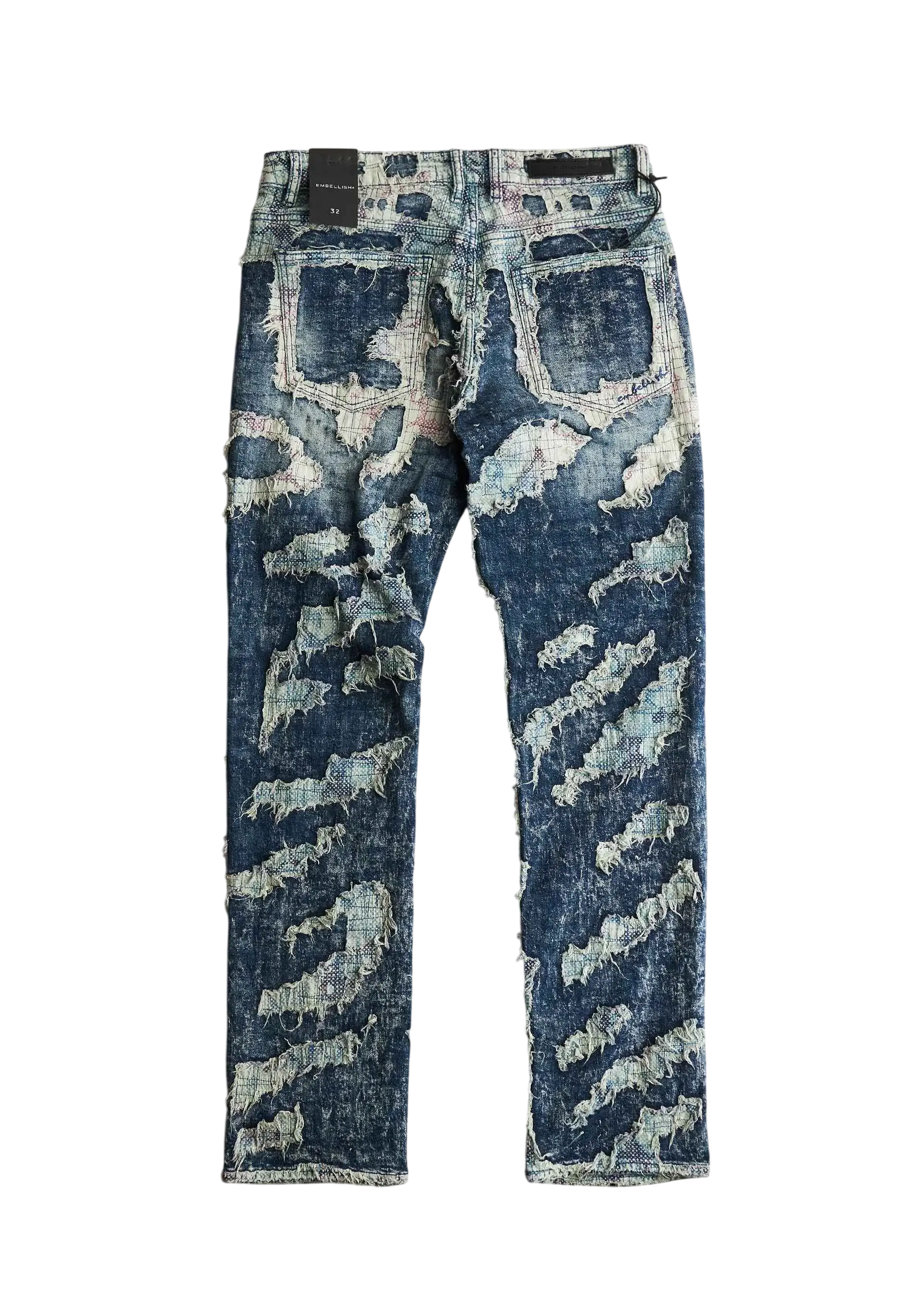 Distressed dark blue embellished nyc neptune japanese boro denim slim straight fit jeans with intentional rips and frayed edges
