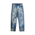 Distressed blue denim jeans with faded paint splatters and rips in embellish nyc neptune japanese boro slim straight fit