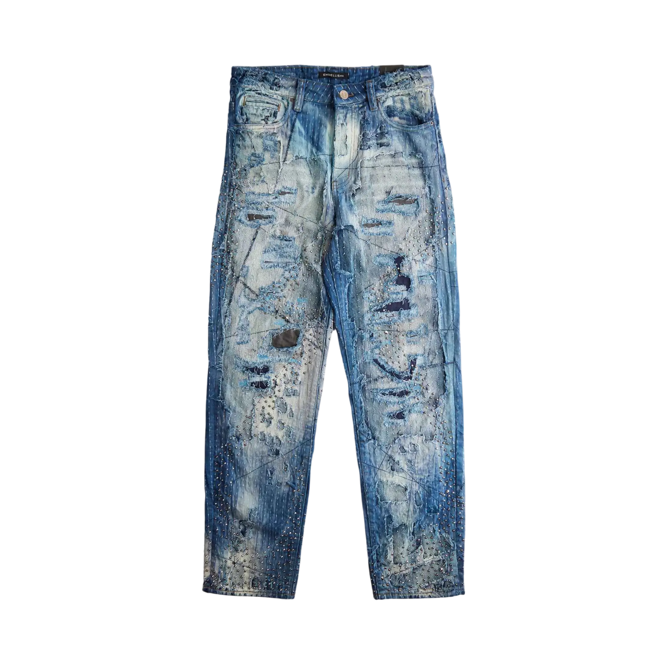 Distressed blue denim jeans with faded paint splatters and rips in embellish nyc neptune japanese boro slim straight fit