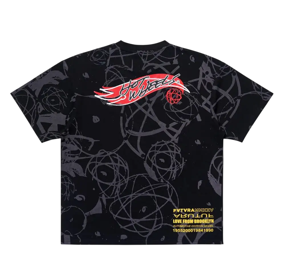 Black short-sleeved cotton t-shirt featuring a bold red hot wheels logo with white accents and gray scribble patterns