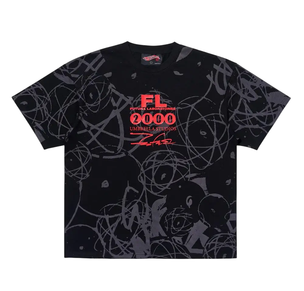 Black short-sleeved futura x hot wheels atom t-shirt with bold red fl 2000 logo and gray abstract scribble patterns