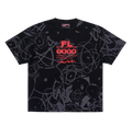 Black short-sleeved futura x hot wheels atom t-shirt with bold red fl 2000 logo and gray abstract scribble patterns