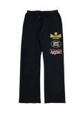 Honor The Gift studio terry black sweatpants with drawstring waistband and colorful embroidered logos on left leg