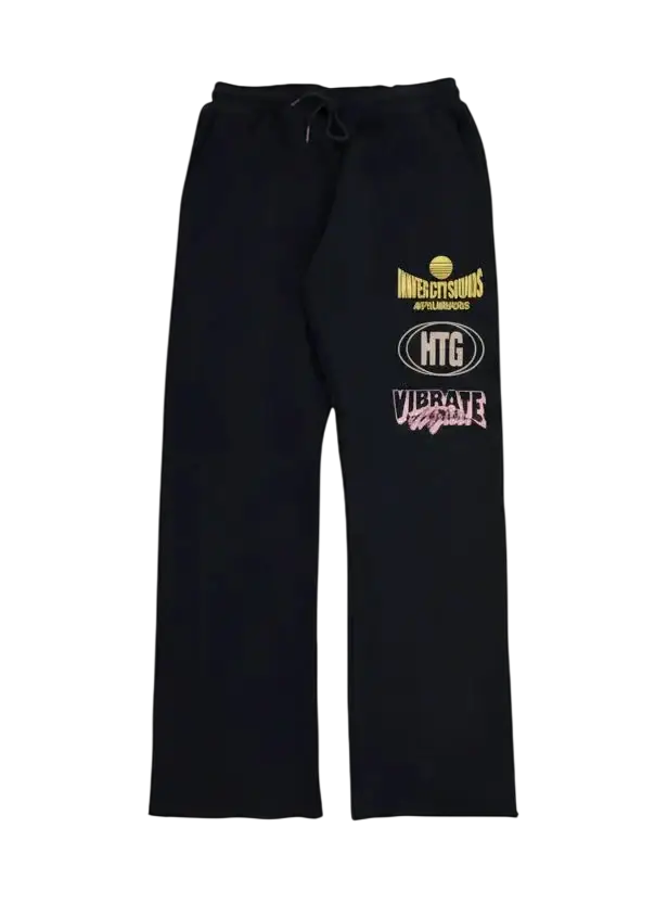 Honor The Gift studio terry black sweatpants with drawstring waistband and colorful embroidered logos on left leg