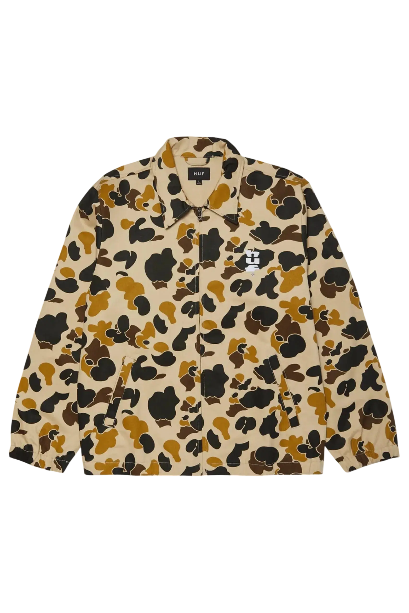 Beige and brown camouflage huf set megablast duck camo shop jacket with black accents and durable fabric