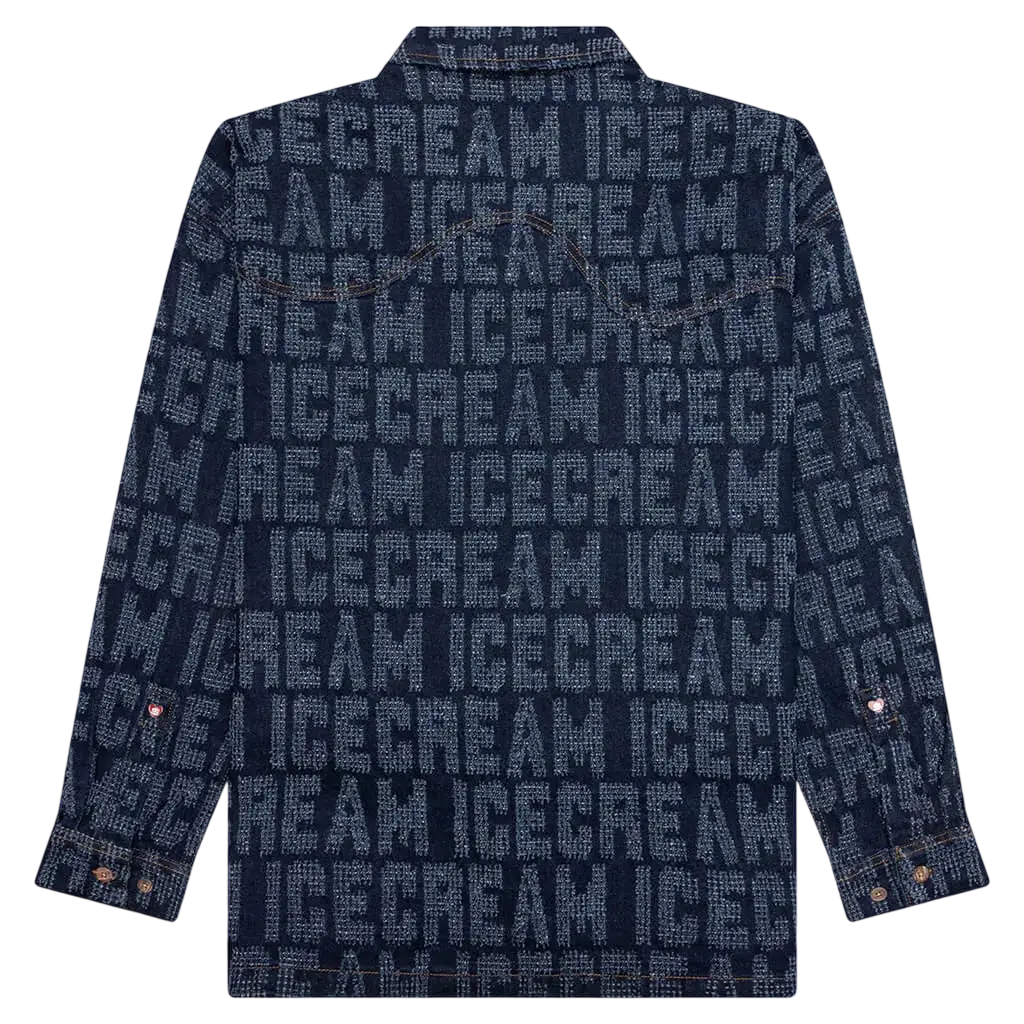 Dark blue denim oversized echo long sleeve button up shirt with repeating ice cream text pattern in lighter gray