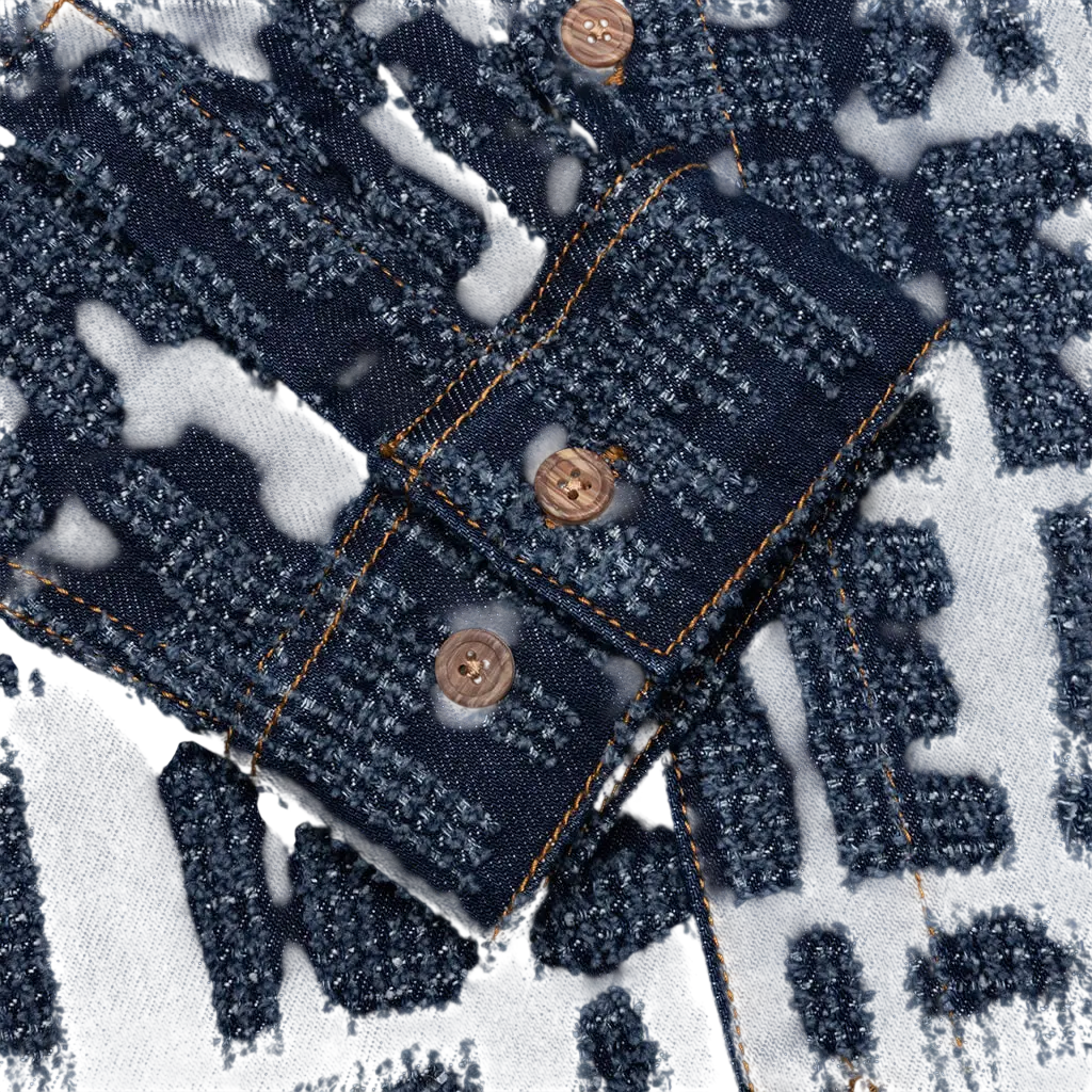 Dark blue denim button up shirt with textured glittery pattern and wooden buttons ice cream oversized echo long sleeve