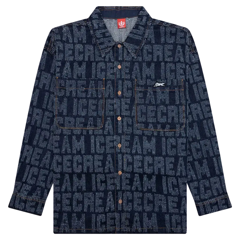 Dark blue denim oversized button up shirt with repeating ice cream text pattern and embroidered fox logo on chest pocket