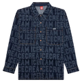 Dark blue denim oversized button up shirt with repeating ice cream text pattern and embroidered fox logo on chest pocket