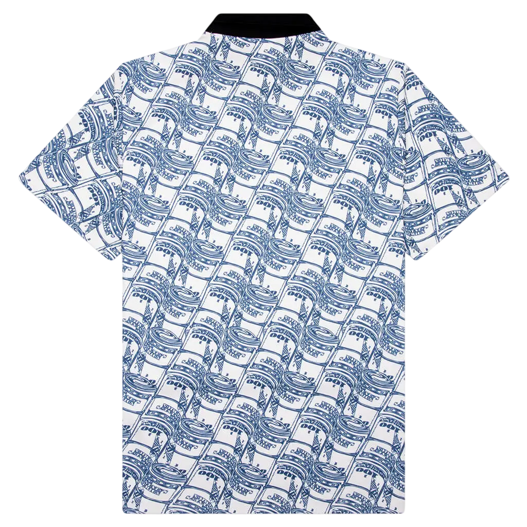 White short-sleeved Ice Cream Stacks Jersey antique white knit t-shirt with blue 100 bills repeating pattern