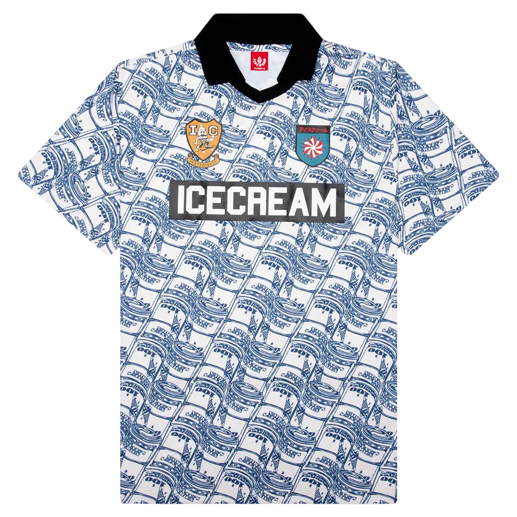 White ice cream stacks jersey antique white knit with blue ice cream cone pattern black collar and sleeve cuffs