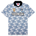 White ice cream stacks jersey antique white knit with blue ice cream cone pattern black collar and sleeve cuffs