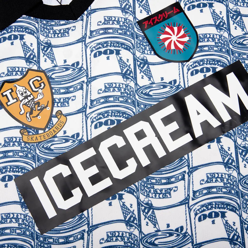 White t-shirt with blue ice cream can print black icecream band and two patches in ice cream stacks jersey antique white knit