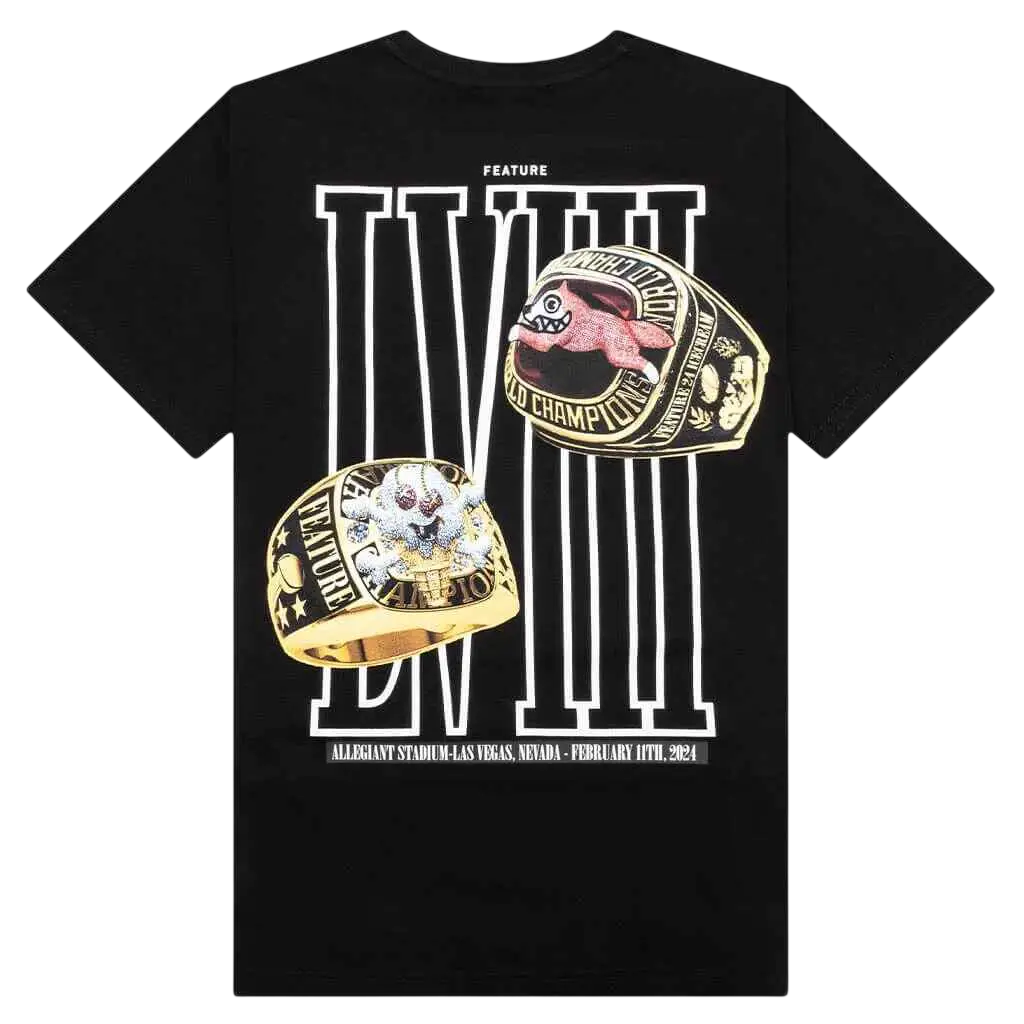 Black ice cream x feature rings t shirt with bold gold championship ring graphic and white lettering on front