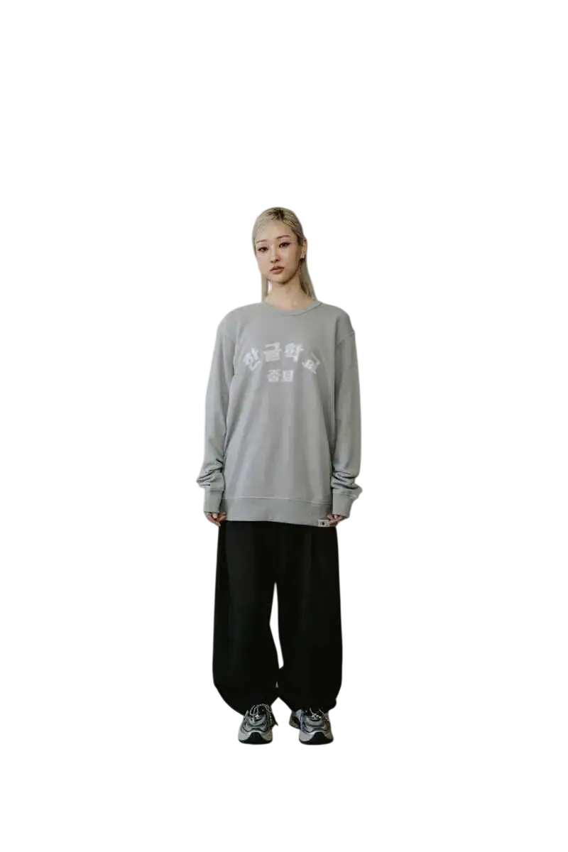 Gray long-sleeved cotton sweatshirt with white lettering across the chest from kore school dropout collection