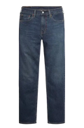 Levi’s 502 taper fit dark blue denim jeans with classic five-pocket design and white stitching in sunset dawn dark wash