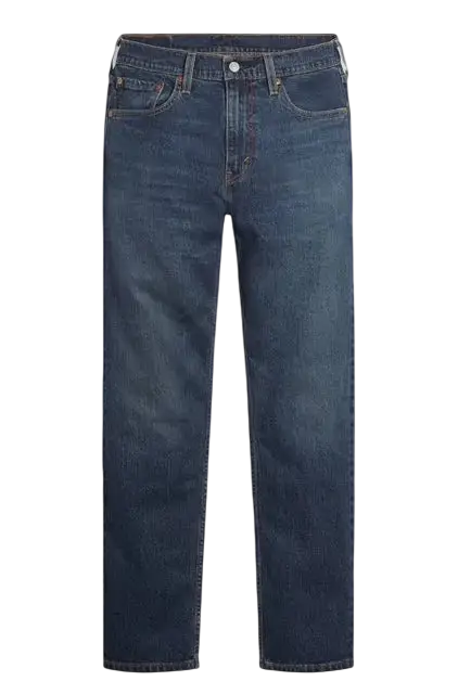 Levi’s 502 taper fit dark blue denim jeans with classic five-pocket design and white stitching in sunset dawn dark wash