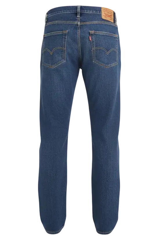 Back side of Levi’s 502 taper fit sunset dawn dark wash blue denim jeans with classic five-pocket design and red tab