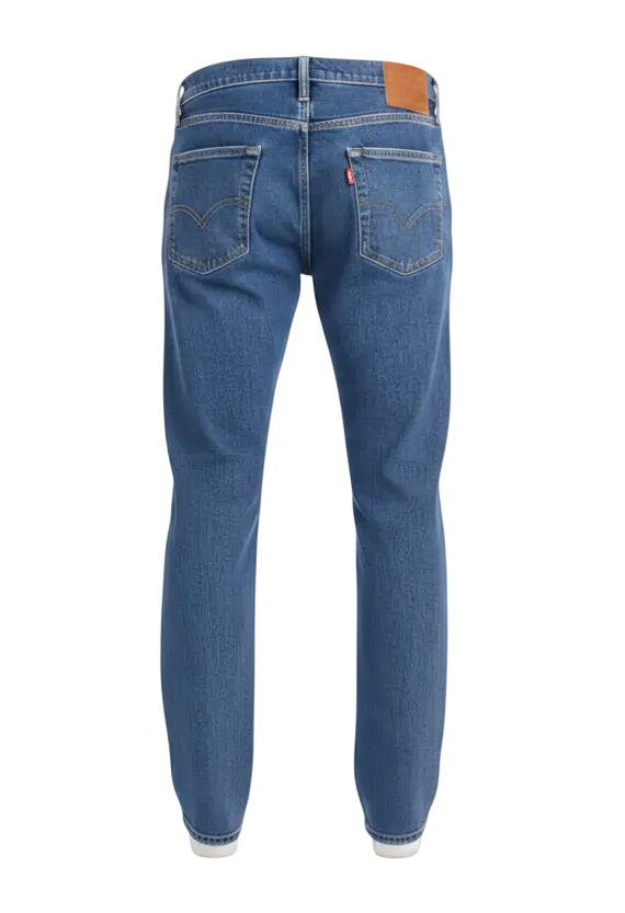 Classic blue levi’s 511 slim fit jeans with faded wash stretched denim and stitched back pockets with red tab and leather patch