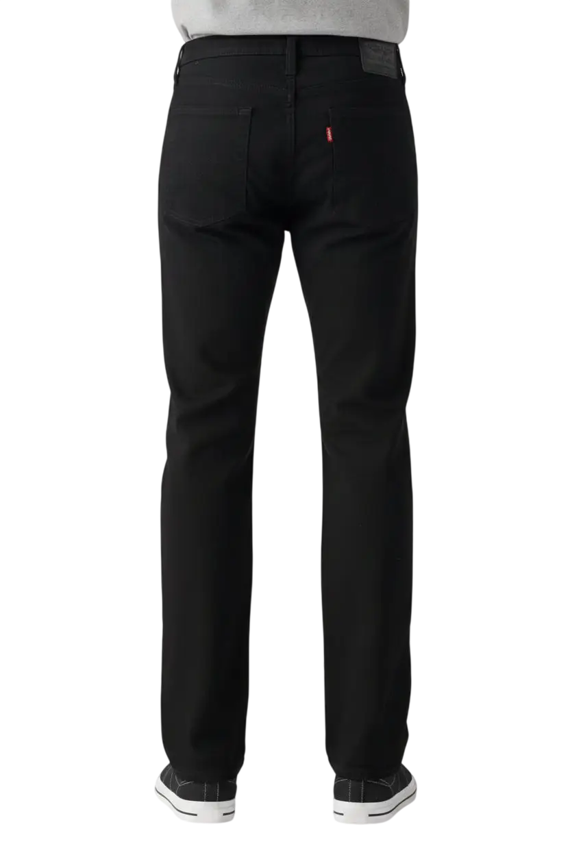 Black denim jeans with a subtle red brand logo on the back pocket.