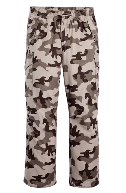 Beige and brown camouflage levi’s baggy field cargo pants with elastic waistband and no stretch fabric