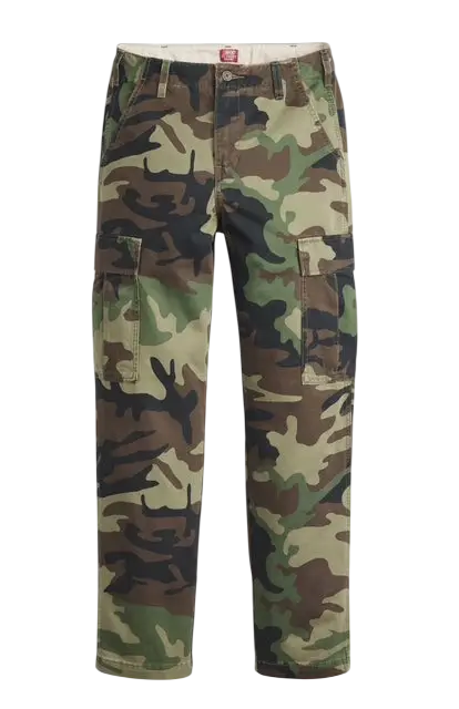 Levi’s cargo straight fit camo pants with classic military-inspired green brown and beige camouflage pattern