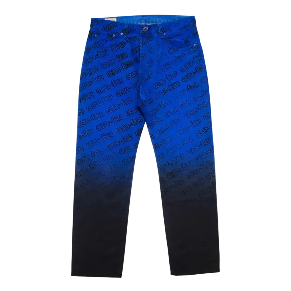 Levi’s x AMFM black and blue 501 jeans blue denim with gradient fade and all-over cotton text print