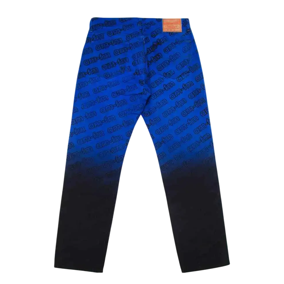 Levis x AMFM black and blue 501 jeans featuring blue gradient denim with repeating martin text pattern in darker blue