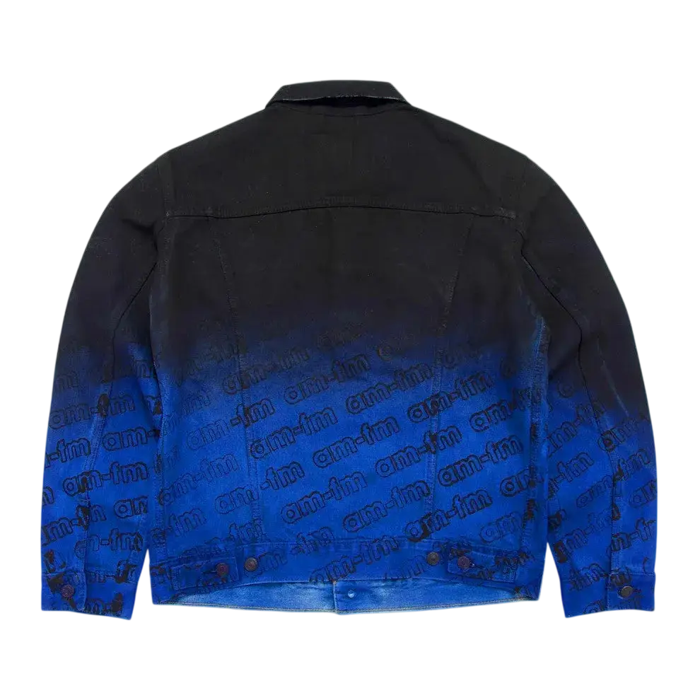 Back of levi’s x amfm black and blue denim trucker jacket with a black to blue gradient and amim text pattern
