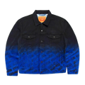 Levis x amfm black and blue gradient denim trucker jacket with repeating climb logo print on fabric