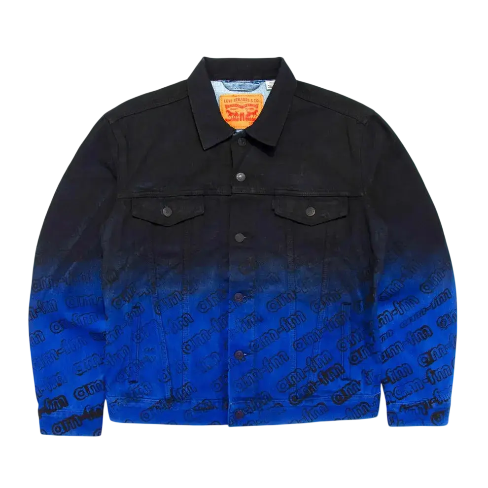 Levis x amfm black and blue gradient denim trucker jacket with repeating climb logo print on fabric