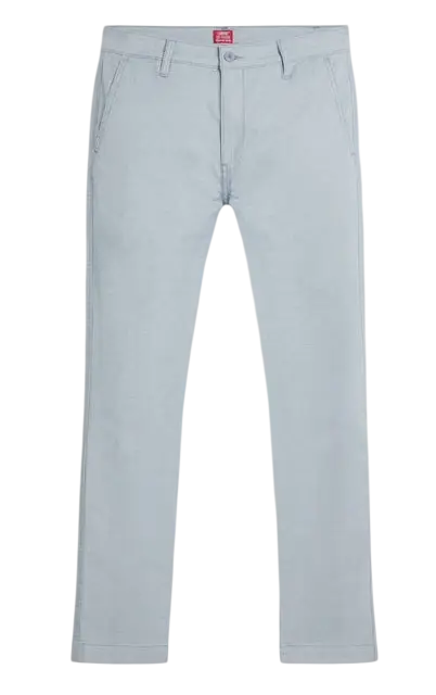 White denim pants with classic five-pocket design and red Levi’s brand tag at the waistband in chino standard taper style
