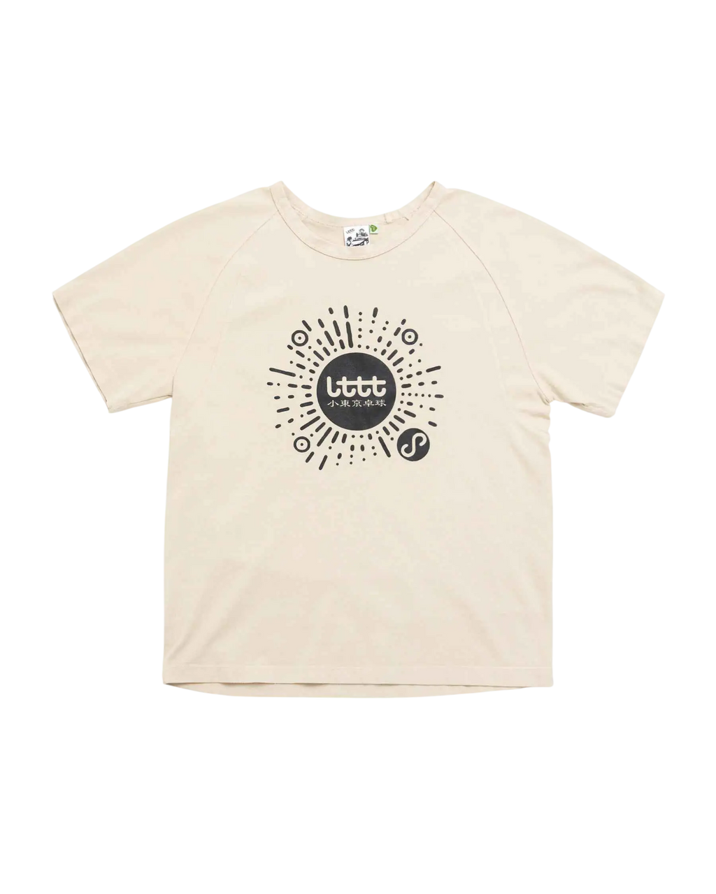Cream short-sleeved t-shirt with black littt graphic and chinese characters for little tokyo table tennis fans