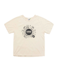 Cream short-sleeved t-shirt with black littt graphic and chinese characters for little tokyo table tennis fans