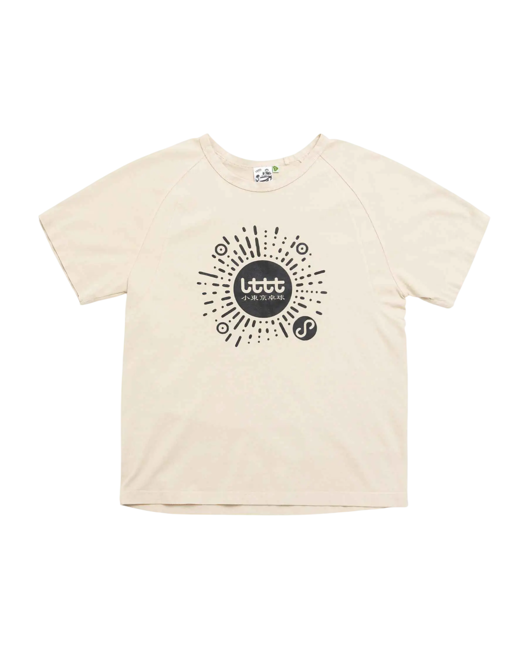 Cream short-sleeved t-shirt with black littt graphic and chinese characters for little tokyo table tennis fans