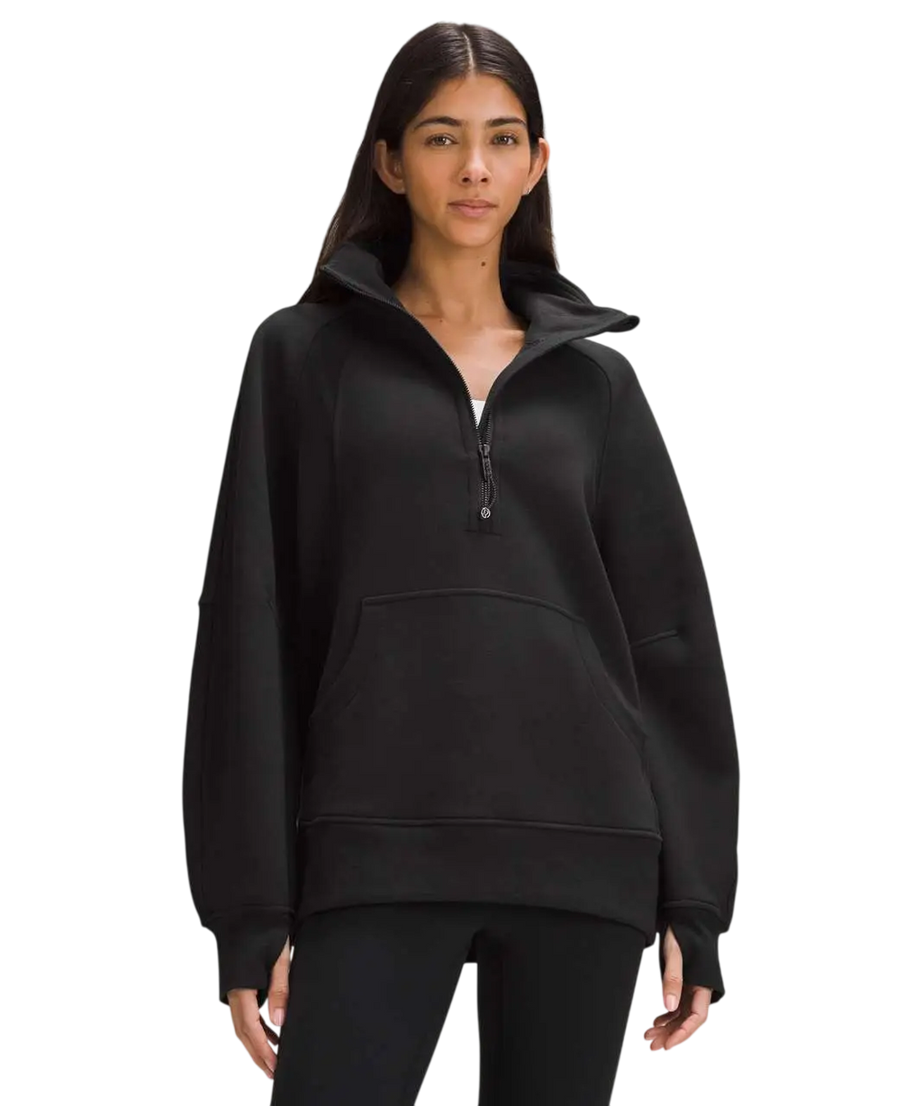 Lululemon scuba oversized funnel-neck half zip black hoodie with relaxed fit and front pocket in soft fabric