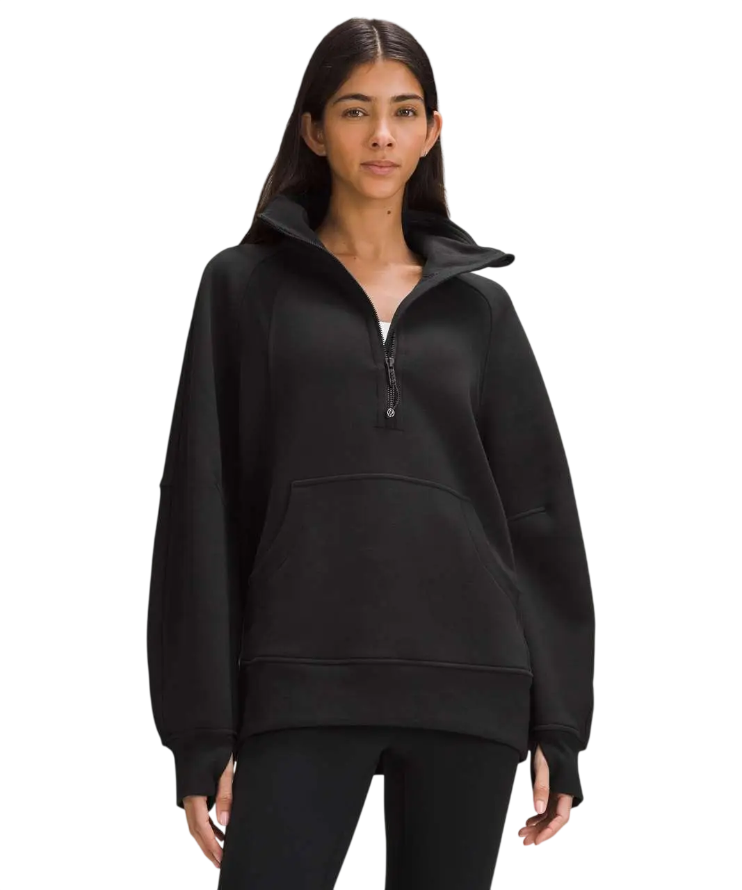 Lululemon scuba oversized funnel-neck half zip black hoodie with relaxed fit and front pocket in soft fabric