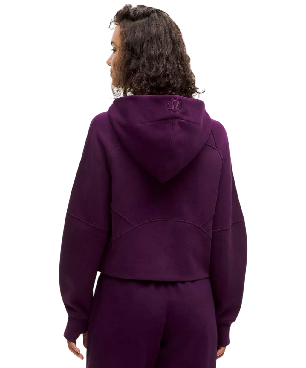 A deep purple lululemon scuba oversized half zip hoodie with a subtle logo on the hood in dramatic magenta